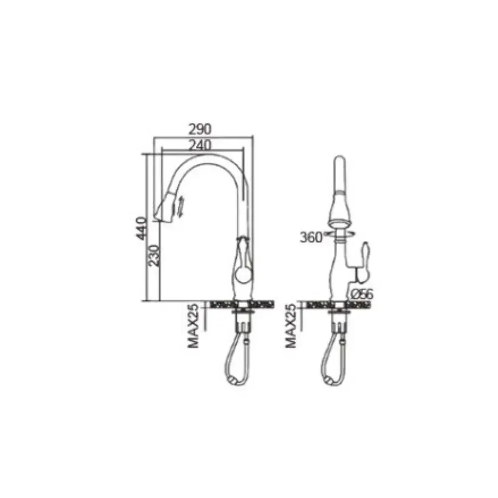 ברז מטבח מגיע עם פיה מסתובבת ונשלפת צבע ניקל מוברש דגם OB0804N