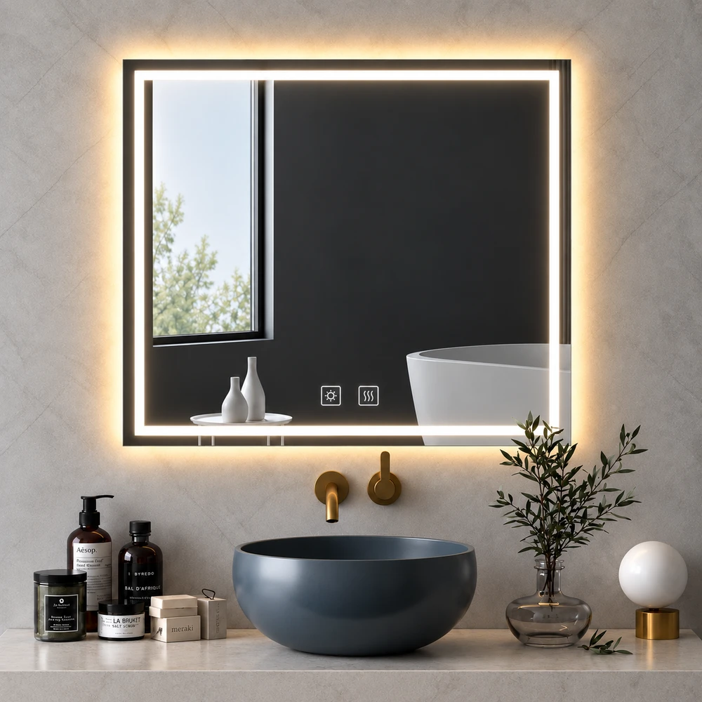 מראת מרובעת מרחפת עם תאורה LED אחורית, קדמית ומפשיר אידים לתליה ללא מסגרת 80/80 ס"מ זכוכית אולטרה-לבנה דגם 5652FLD