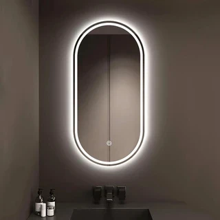 מראת אובלית מרחפת עם תאורה LED אחורית, קדמית ומפשיר אדים לתליה ללא מסגרת 60/120 ס"מ זכוכית אולטרה-לבנה דגם 55647FLD