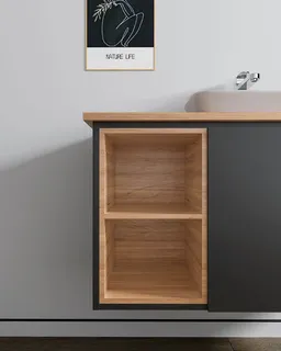 ארון אמבטיה תלוי לפי מידה רוחב עומק וצבע לפי בחירתך עם משטח עץ מלא להנחת כיור מונח דגם הבאנא W