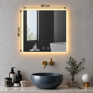 מראת מלבנית מרחפת עם תאורה LED אחורית ומפשיר אידים לתליה ללא מסגרת 60/60 ס"מ זכוכית אולטרה-לבנה דגם 5651BLD