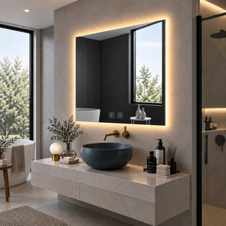 מראת מרובעת מרחפת עם תאורה LED אחורית ומפשיר אידים לתליה ללא מסגרת 80/80 ס"מ זכוכית אולטרה-לבנה דגם 5652BLD
