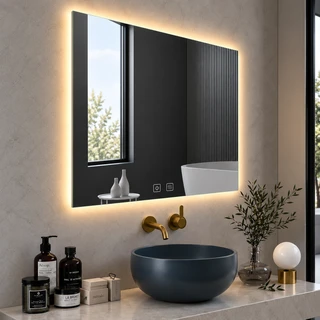 מראת מלבנית מרחפת עם תאורה LED אחורית ומפשיר אידים לתליה ללא מסגרת 100/80 ס"מ זכוכית אולטרה-לבנה דגם 5653BLD