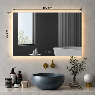מראת מלבנית מרחפת עם תאורה LED אחורית ומפשיר אידים לתליה ללא מסגרת 100/80 ס"מ זכוכית אולטרה-לבנה דגם 5653BLD