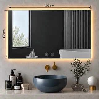 מראת מלבנית מרחפת עם תאורה LED אחורית ומפשיר אידים לתליה ללא מסגרת 120/80 ס"מ זכוכית אולטרה-לבנה דגם 5655BLD