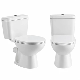 סט מונבלוק חרס מעוגל לבן מבריק שטיפת רימליס כולל מושב טריקה שקטה ומנגנון הדחה דגם 06DHR