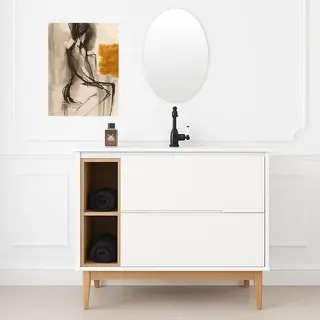 ארון אמבטיה עומד רוחב 100 ס"מ בעומק 46 ס"מ צבע לבן מט עם כיור משטח חרס שקוע דגם תמנון 100