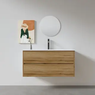 ארון אמבטיה תלוי רוחב 60, 80, 100 ס"מ לבחירתך בעומק 46 ס"מ עשוי מעץ מלא אלון מבוקע עם כיור משטח חרס שקוע דגם סלוניקי