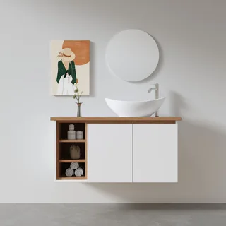 ארון אמבטיה תלוי רוחב 60 ס"מ בעומק 46 ס"מ צבע לבן מט עם משטח עץ מלא להנחת כיור מונח דגם B10025-60