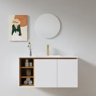 ארון אמבטיה תלוי רוחב 60 ס"מ בעומק 46 ס"מ צבע לבן מט עם כיור משטח חרס שקוע דגם B10025-60A