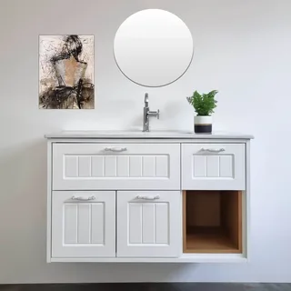 ארון אמבטיה תלוי רוחב 100 ס"מ בעומק 46 ס"מ צבע לבן מבריק עם כיור משטח חרס שקוע דגם ויקטוריה 100