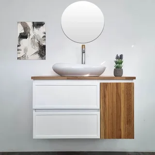 ארון אמבטיה תלוי רוחב 100 ס"מ בעומק 46 ס"מ צבע לבן מבריק עם משטח עץ מלא להנחת כיור מונח דגם סקיאטוס 100