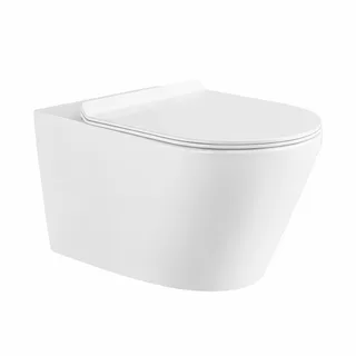 אסלה תלויה מעוגלת אורך 48 ס"מ צבע לבן מבריק עם שטיפת רימליס ומושב קשיח טריקה שקטה ונשלף דגם רומא