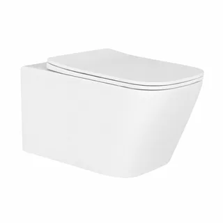 אסלה תלויה מלבנית אורך 52 ס"מ צבע לבן מבריק עם שטיפת רימליס ומושב קשיח טריקה שקטה ונשלף דגם פאולו