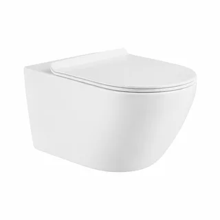 אסלה תלויה מעוגלת אורך 48 ס"מ צבע לבן מבריק עם שטיפת רימליס ומושב קשיח טריקה שקטה ונשלף דגם לוס