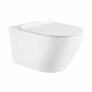 אסלה תלויה מעוגלת אורך 48 ס"מ צבע לבן מט עם שטיפת רימליס ומושב קשיח טריקה שקטה ונשלף דגם מארי