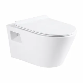 אסלה תלויה מעוגלת אורך 53 ס"מ צבע לבן מבריק עם שטיפת רימליס ומושב קשיח טריקה שקטה ונשלף דגם פוג'ה