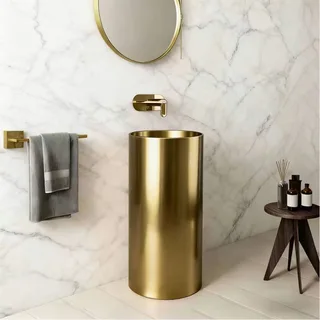 כיור רחצה עומד עשוי מנירוסטה מעוגל קוטר 38 ס"מ גובה 83 ס"מ צבע זהב מט PVD בלי חור לברז דגם G-8781