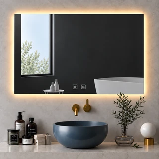 מראת מלבנית מרחפת עם תאורה LED אחורית ומפשיר אדים לתליה ללא מסגרת 120/80 ס"מ זכוכית אולטרה-לבנה דגם 5655BLD