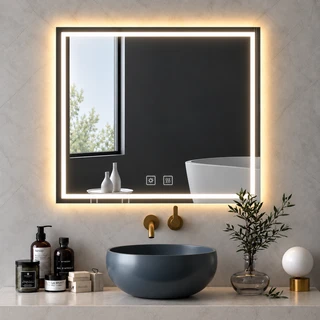 מראת מרובעת מרחפת עם תאורה LED אחורית, קדמית ומפשיר אדים לתליה ללא מסגרת 80/80 ס"מ זכוכית אולטרה-לבנה דגם 5652FLD