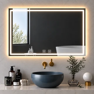 מראת מלבנית מרחפת עם תאורה LED אחורית, קדמית ומפשיר אדים לתליה ללא מסגרת 100/80 ס"מ זכוכית אולטרה-לבנה דגם 5653FLD