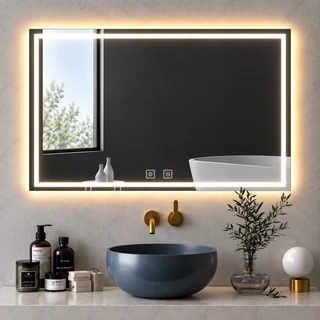 מראת מלבנית מרחפת עם תאורה LED אחורית, קדמית ומפשיר אדים לתליה ללא מסגרת 120/80 ס"מ זכוכית אולטרה-לבנה דגם 5655FLD