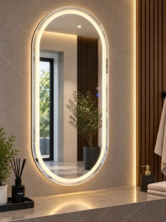 מראה אובלית מרחפת עם תאורה LED אחורית, קדמית ומפשיר אדים לתליה ללא מסגרת 60/80 ס"מ זכוכית אולטרה-לבנה דגם 55645FLD