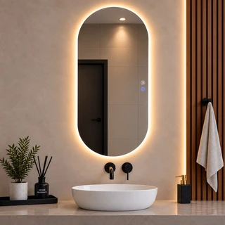 מראה אובלית מרחפת עם תאורה LED אחורית ומפשיר אדים לתליה ללא מסגרת 60/120 ס"מ זכוכית אולטרה-לבנה דגם 55647BLD